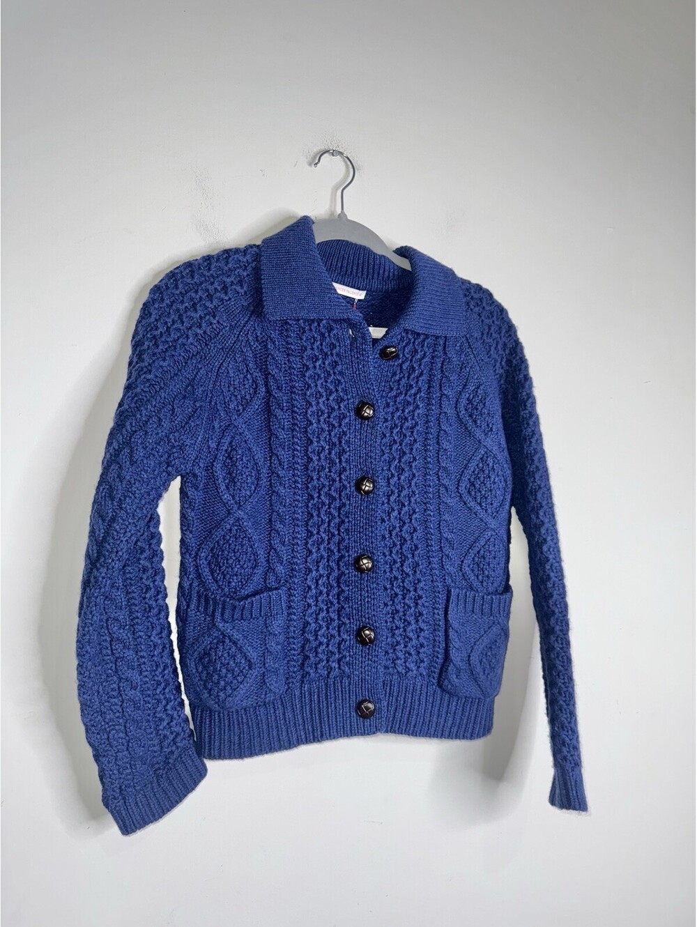Frances Valentine Wool Fisherman Aran Cable Knit Cardigan Sweater in Navy - Picture 3 of 9